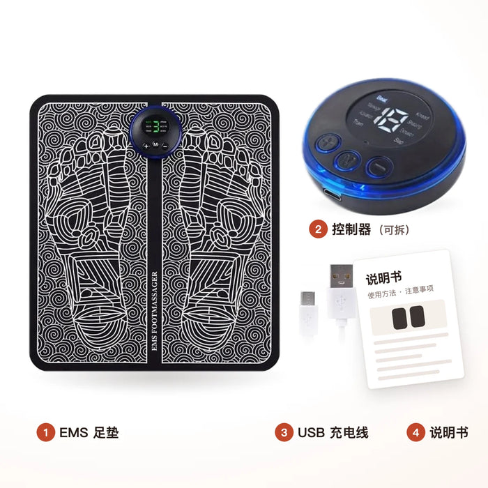 包裹里有什么：足垫、控制器、USB充电线、说明书